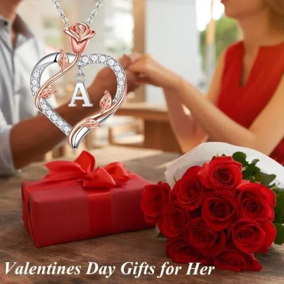 Sterling Silver Rose Heart Necklace with Initial, Gift Box, 18+2 Chain